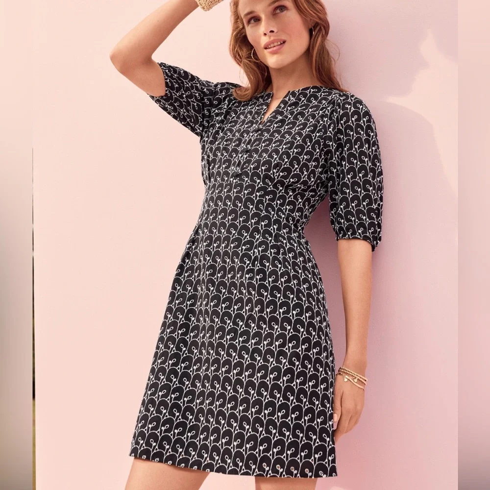 Loft Embroidered Mini Dress Size 12 Cotton Black Short Sleeves Puff Sleeve - Picture 2 of 5